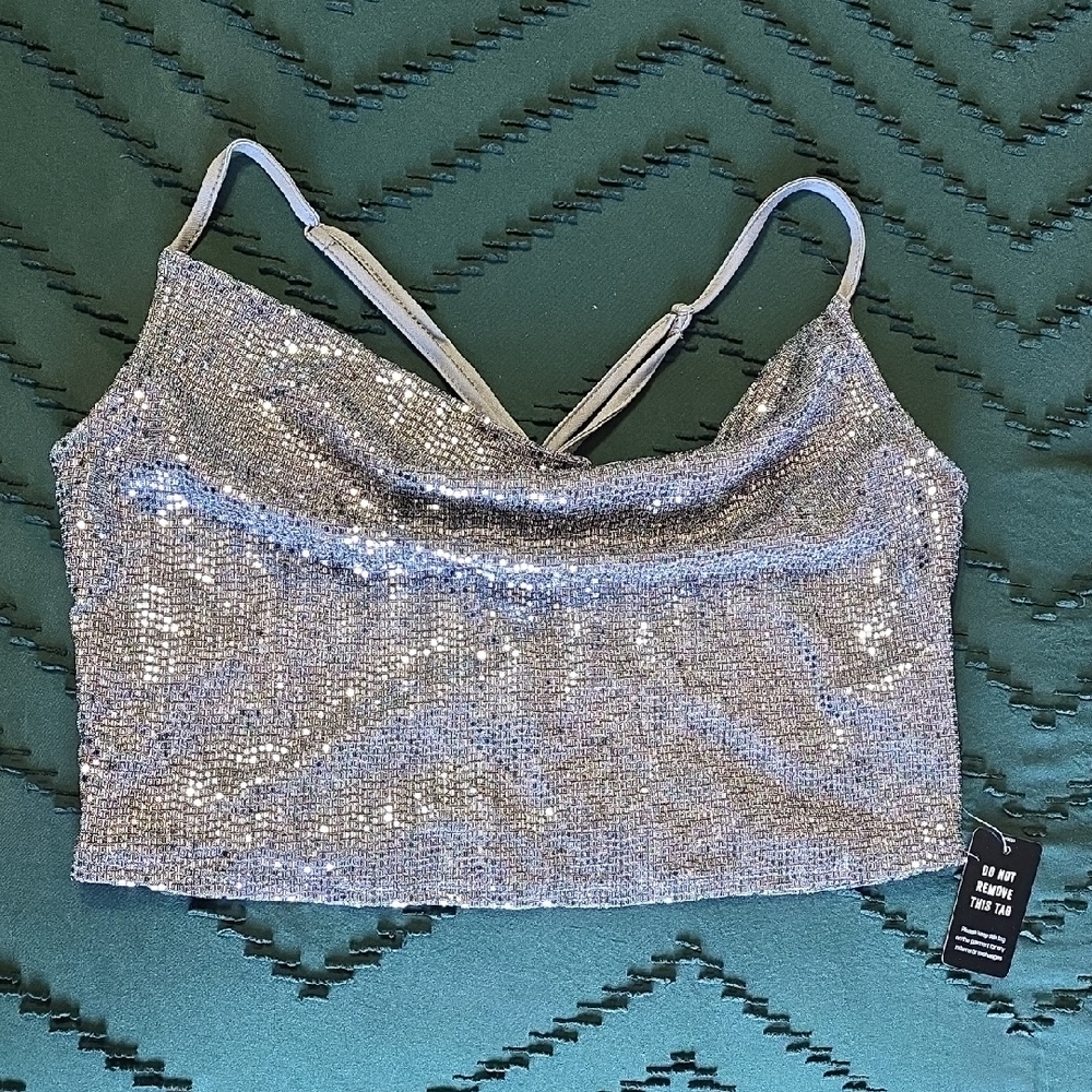 Express Silver Sequin Crop Tank Top